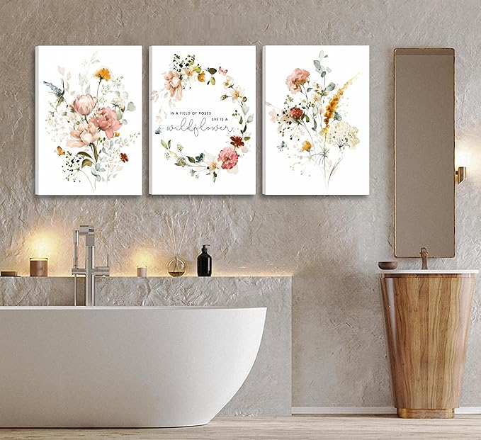 3Pcs Framed Watercolor Flowers Canvas Wall Art In A Field Of Roses She Is A Wildflower Painting Picture Wall Decor Pink wreath Poster Print Artwork for Nursery living room Girls Room Home Decoration-Ruum Studio Home