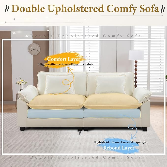 URRED Modular Sectional Sofa Comfy Cloud Couch, Modern Chenille Sofa Sleeper Deep Seat Couches with Ottoman/Pillows for Living Room (White, 82.6'')-Ruum Studio Home
