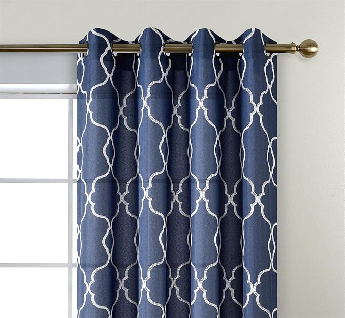 MIUCO Moroccan Embroidery Semi Sheer Curtains Faux Linen Grommet Window Curtains for Living Room 52 x 63 Inch 2 Panels, Navy Blue-Ruum Studio Home
