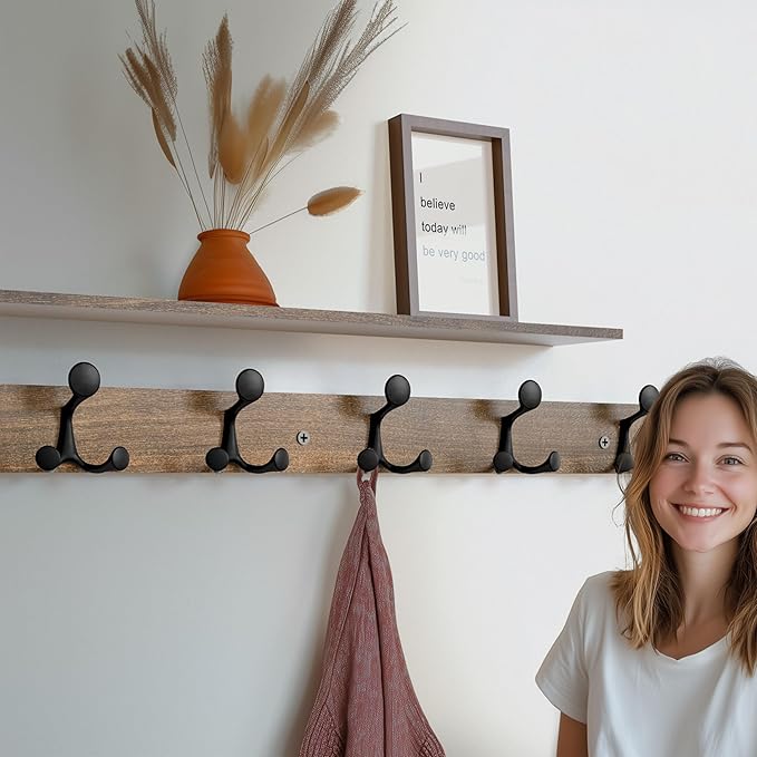 SKOLOO 39-Inch Wood Burnt Coat Rack Wall Mount with 6 Triple Hooks - Ideal for Family Entrances, Classrooms, and Pet Supplies Storage - Perfect Coat Hooks for Wall, Pack of 2-Ruum Studio Home