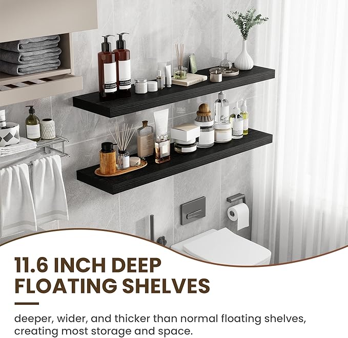 48 Inch Floating Shelves, 12 Inch Deep Floating Shelves for Wall, Floating Shelf with Invisible Brackets, Deep Shelves for Bathroom, Bedroom, Living Room, 1 Pack, Black-Ruum Studio Home