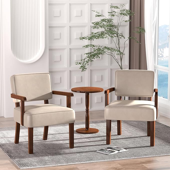 Accent Chair Set of 2 with Table, PU Leather Chair for Living Room Oversized Armchair with Soft Seat and Armrests for Bedroom Dinning Reading Waiting Room (Leather Beige)-Ruum Studio Home