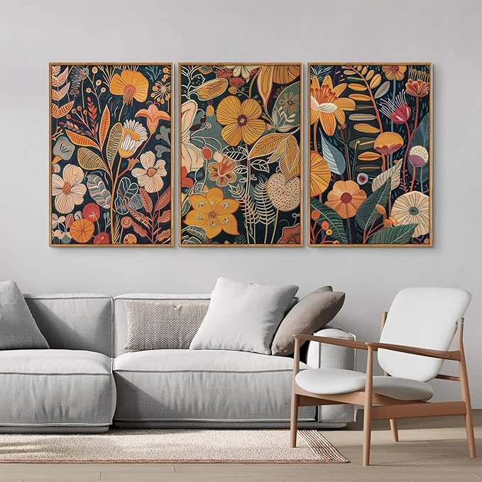 SIGNINART Orange Floral Framed Canvas Wall Art Set of 3, Mid Century Modern Flower Wall Decor, Neutral Plant Artwork, Boho Botanical Art Prints for Bedroom Living Room Office 16"x24"x3-Ruum Studio Home