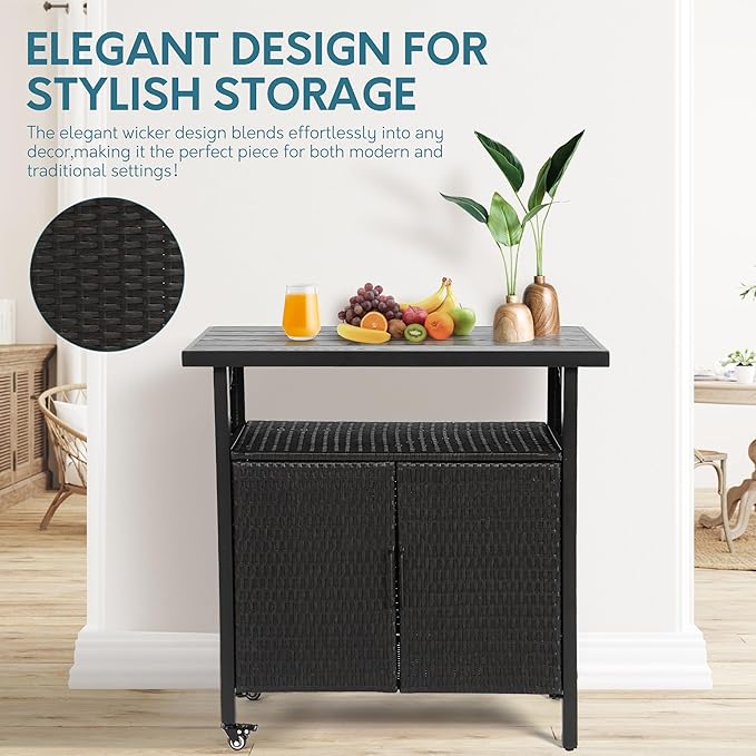 Outdoor Indoor Storage Cabinet with Rolling Wheels, Patio Serving Cart with Bar Table and Wicker Cabinet, Kitchen Island Prep Table, Black-Ruum Studio Home