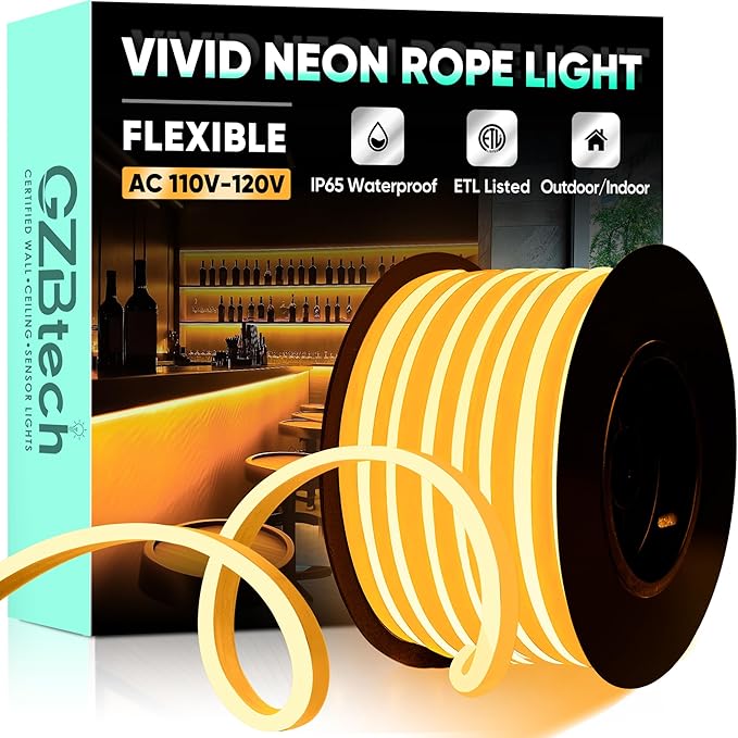 GZBtech Flexible LED Neon Rope Lights 50FT,AC 110-120V Waterproof Strip Light, 120 LEDs/M Cuttable Connectable Neon Lighting for Indoor Outdoor Home Decor/Commercial Building Use-Amber 15M-Ruum Studio Home