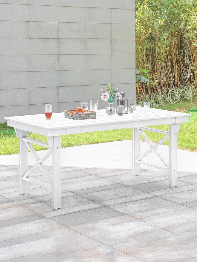 HDPE Outdoor Dining Table, 66.9” Rectangle Patio Dining Table for 6, All-Weather HDPE Outdoor Table with 2.2” Umbrella Hole, HDPE Patio Furniture for Deck, Backyard, Garden, Pool, Pearl-Ruum Studio Home