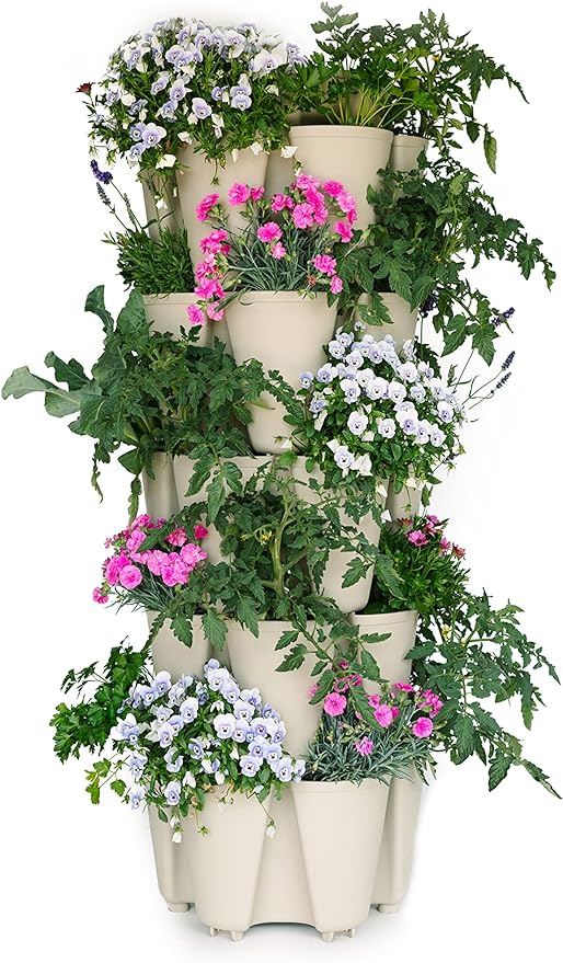 Greenstalk Patented Large 5 Tier Vertical Garden Planter with Patented Internal Watering System Great for Growing a Variety of Strawberries, Vegetables, Herbs, & Flowers (Stunning Stone)-Ruum Studio Home