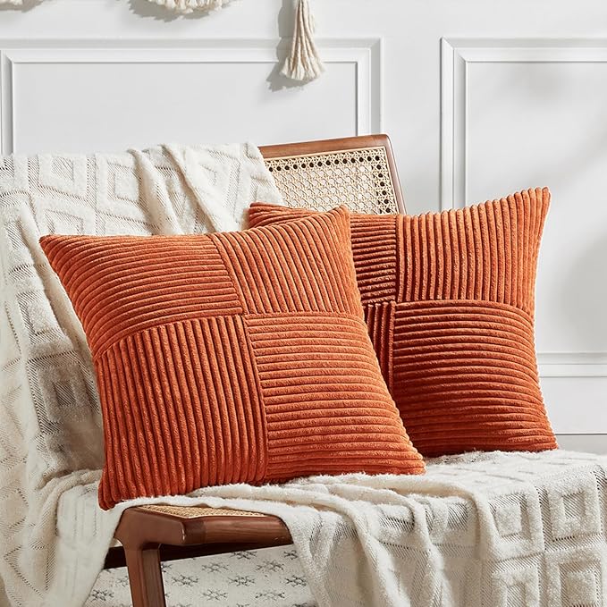 Fancy Homi Set of 2 Burnt Orange Decorative Throw Pillow Covers 24x24 Inch for Living Room Couch Bed, Boho Farmhouse Fall Home Decor, Soft Corss Corduroy Patchwork Textured Cushion Case 60x60 cm-Ruum Studio Home