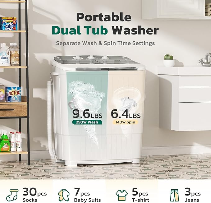 Greenvelly Portable Washing Machine, 16 Lbs Compact Mini Washer and Dryer Combo, Semi-automatic Twin Tub Washer with Drain Pump for Dorms, Apartments, RVs (Grey)-Ruum Studio Home