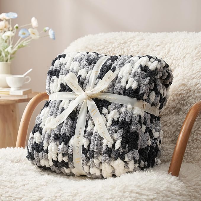Amélie Home Chunky Knit Throw Blanket for Couch, Soft Chenille Crochet Blanket for Sofa, 50"x60", Space-Dyed Black-Ruum Studio Home