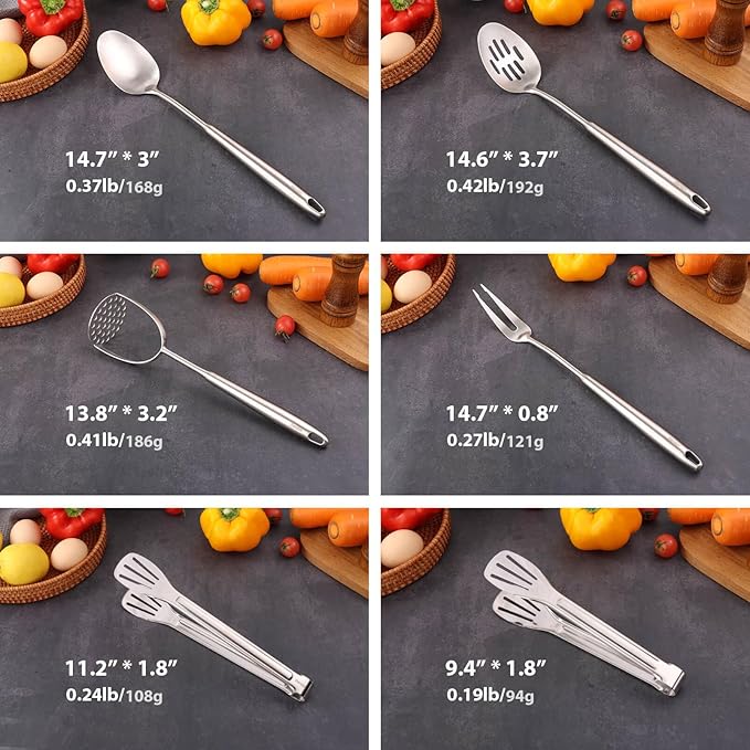 18/10 Stainless Steel Kitchen Utensils Set - 12 PCS All Metal Cooking Tools & 15″ Serving Utensils - Potato Masher, Meat Fork, Tongs, Turner, Pasta, Serving Spoon, Skimmer, Ladle, Spatula Spoon Set-Ruum Studio Home