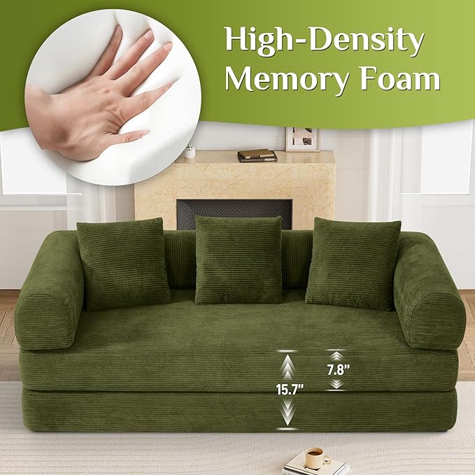 80.3" Convertible Sleeper Sofa Bed with Cylindrical Pillow, Corduroy Folding Mattress Couch with Fixed-Shape Frame, Modular Floor Sofa Lounge Couch for Living Room Bedroom Lounge, Green-Ruum Studio Home
