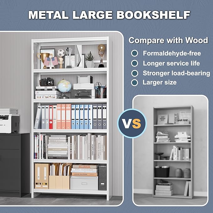 69" Tall Bookcase, 5-Tier Wide Bookshelf, Library Book Case with Display Shelf, Lightweight Metal Bookshelves, Industrial Book Shelf for Home, Office, Library, and School (White)-Ruum Studio Home