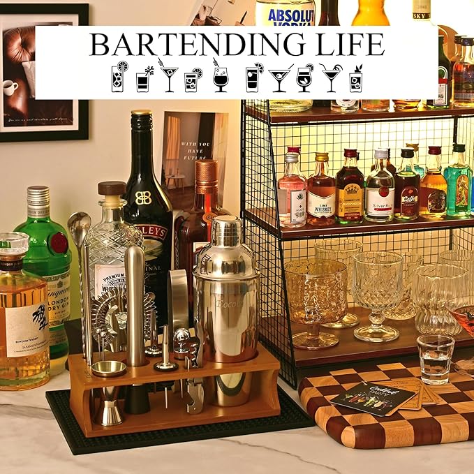 Bartender Kit Cocktail Shaker Set with Stand Bar Tool Bar Set for Drink Mixing Home Bartending Kit 17-Piece Bar Cart Accessories: Martini Shaker, Mixer Spoon, Jigger, Muddler, Strainer & Recipes Gifts-Ruum Studio Home