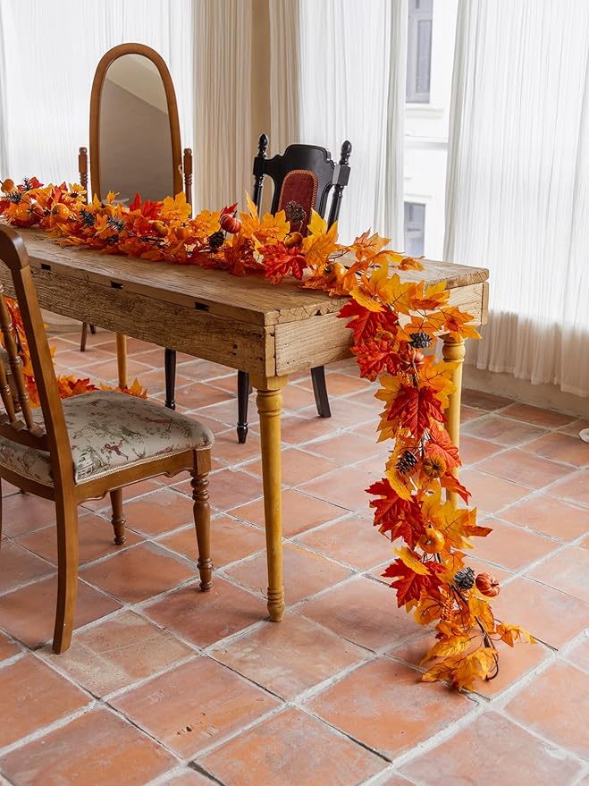 MISSPIN Fall Decor - Fall Garland - 6FT Autumn Maples Leaf Garland for Autumn Decor Hanging Vine for Halloween Thanksgiving Decor Home Wedding Fireplace Party Christmas(Orange)-Ruum Studio Home