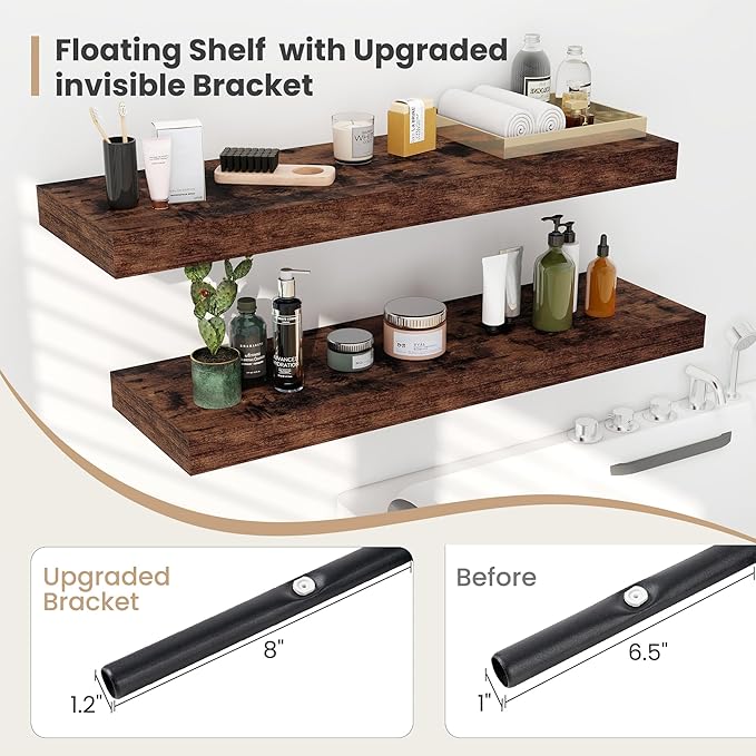 Heimlove 12 Inch Deep Floating Shelves, 16 x 12 inches Long Wall Shelf, Large Extra Display Shelf & Storage Shelf, Rustic Wood Wall Shelves for Fireplace Mantel, Brown - 2Pack-Ruum Studio Home