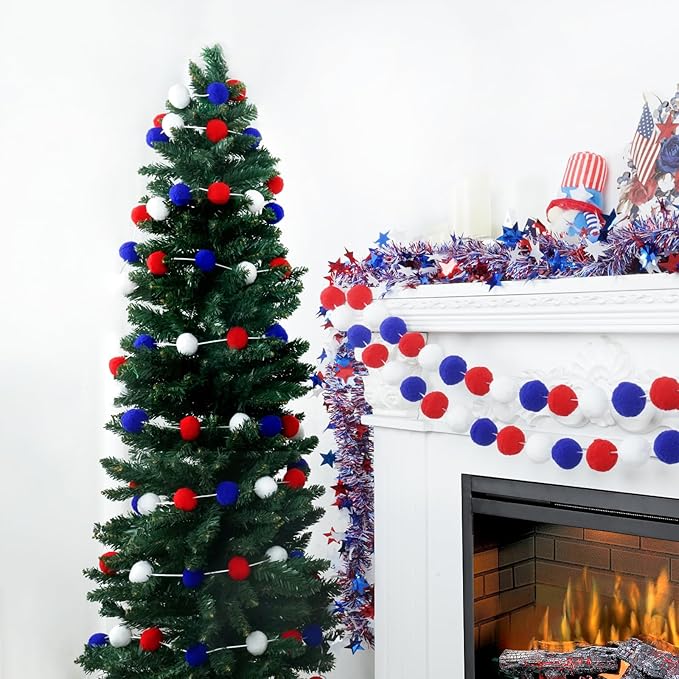 TBD Decor 3pk 4th of July Decorations Patriotic Red White Blue Pom Pom Garland 20FT 4cm Large Felt Ball Garland for Independence Day,Party Home Supplies Decorations-Ruum Studio Home