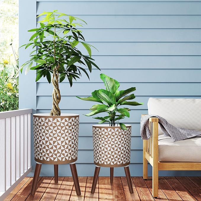 10 & 12 Inches Plant Pot with Stand, Large Modern Standing Planters for Indoor Outdoor Plants with Drainage Holes, Big Gold Floral Embossed Flower Pots with Legs-Ruum Studio Home