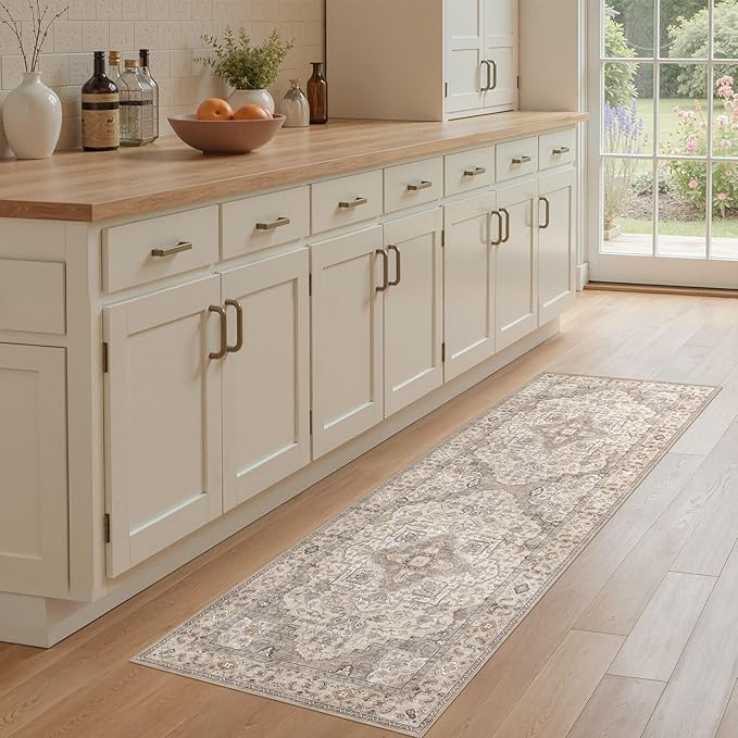 Washable 2x6 Runner Rug - Area Rugs Neutral Vintage Distressed Floral Farmhouse Boho Large Soft Floor Rug Indoor Carpet for Hallway Entryway Bedroom Kitchen - Brown/Multi-Ruum Studio Home
