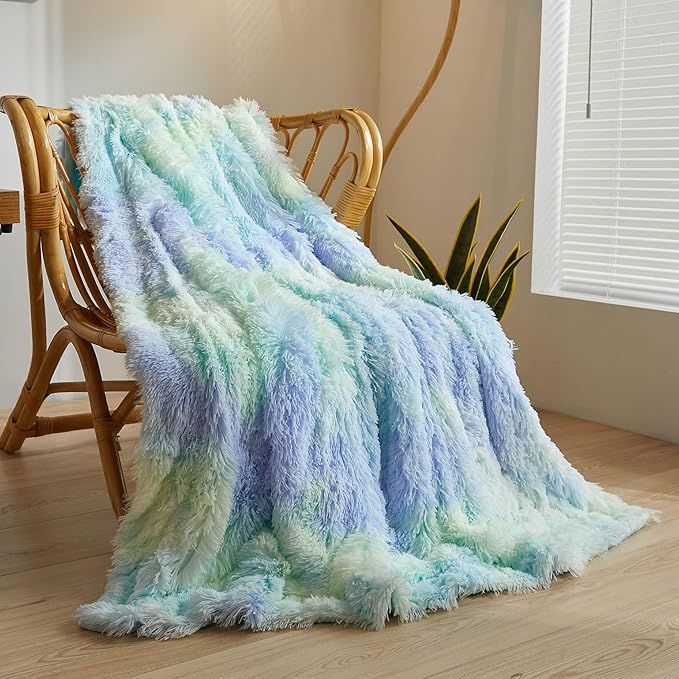 XeGe Plush Faux Fur Rainbow Throw Blanket, Tie Dye 50x60 Shaggy Furry Blanket Throw, Fluffy Microfiber Velvet Couch Blanket, Soft Colorful Fuzzy Lap Blanket for Girls Teens Women Kid Rainbow Blue-Ruum Studio Home