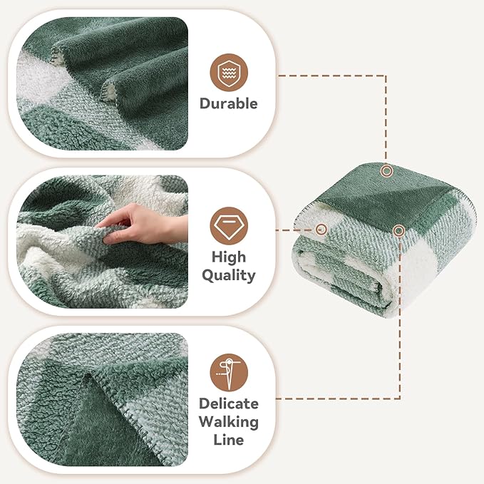LURKA Checkered Sherpa Fleece Twin-Size Bed Blanket - Extra Thick and Warm Winter Soft Fuzzy Plush Blanket for Couches, Beds & Pets, Sage, 60x80 Inches-Ruum Studio Home