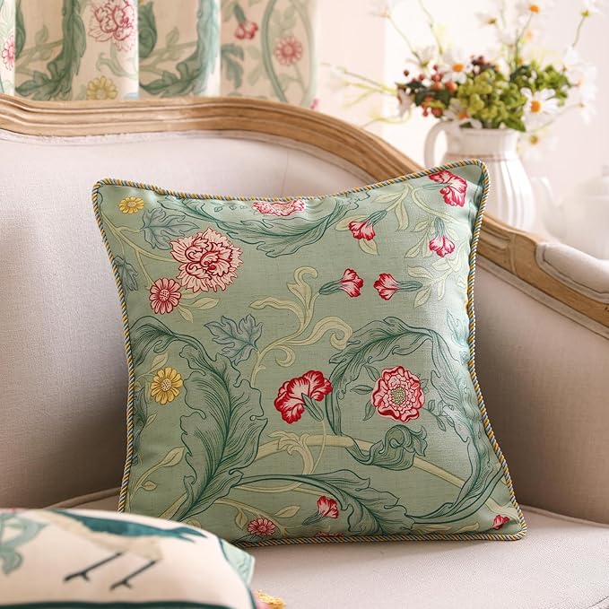 patdrea Designer Pack of 4 Throw Pillow Covers,French Vintage Rustic Linen with Green Floral Pattern Pillows Cover,Decorative Lumbar Square Pillowcases Cushion for Bed Living Room Outdoor Car-Ruum Studio Home