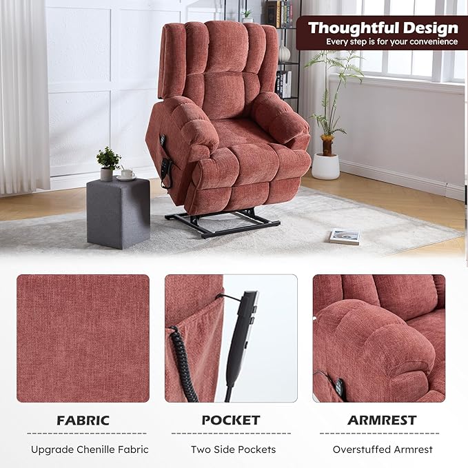 Dual Motor Power Lift Recliner Chair with Massage and Heat for Elderly People, Infinite Position, Burgundy Recliner Chair, Chenille Fabric Lift Chair-Ruum Studio Home