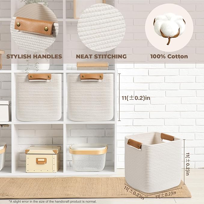 danpinera Set of 3 11 Inch Storage Baskets, Cube Storage Bins, White Woven Baskets with Stable Leather Handles, Square Cotton Rope Bins for any Room, Easy to Recover-Ruum Studio Home