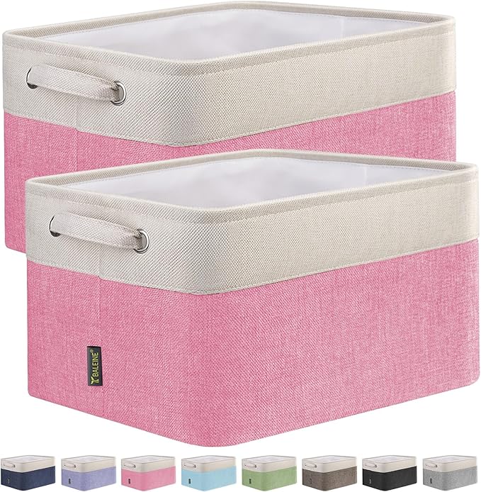BALEINE 2 Pack Fabric Storage Bins for Shelves, Linen Storage Baskets for Organizing, Decorative Closet Bins for Clothes, Home (Pink, 15''x11''x9.5'')-Ruum Studio Home