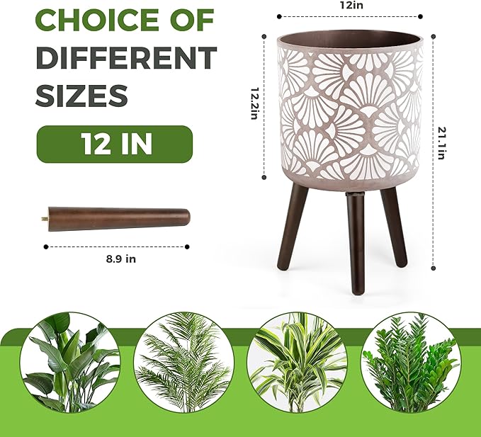 12 Inch Planter with Stand Mid-Century Tall Planter with Legs for Indoor Outdoor Plants-Ruum Studio Home