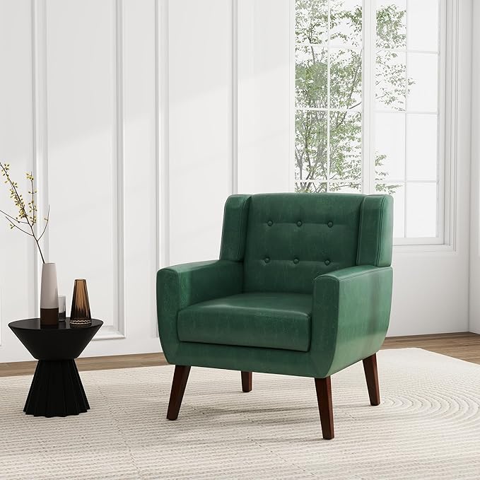 UIXE Faux Leather Accent Chair, Modern Arm Club Chair Upholstered Armchair for Living Room, Comfy Single Sofa Seats Button Tufted Reading Seating, Green-Ruum Studio Home