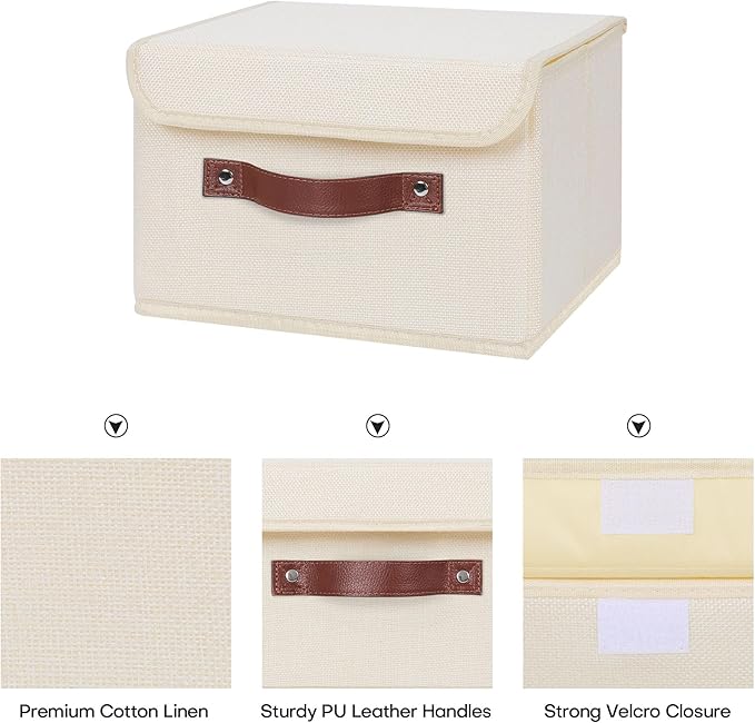ANMINY 4PCS Storage Bins with Lid PU Leather Handles Storage Boxes PP Plastic Board Decorative Foldable Lidded Cotton Linen Fabric Home Cubes Baskets Closet Organizer Containers - Beige, Small Size-Ruum Studio Home