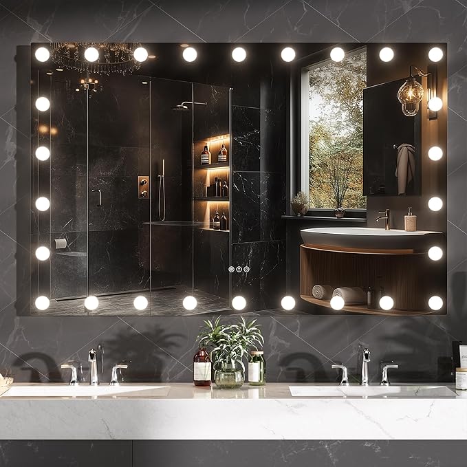 Hasipu LED Bathroom Mirror with Lights, 55" x 36" Hollywood Wall-Mounted Bathroom Mirror with 26 Dimmable Bulbs, 3 Colors Modes, Touch Control, Anti-Fog, Memory Function, Shatter-Proof, ETL Listed-Ruum Studio Home