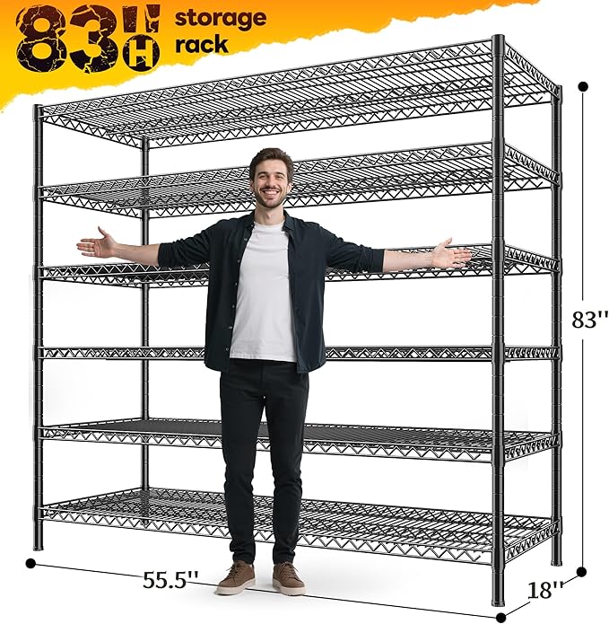 REIBII 83"H Storage Shelves 3840LBS Metal Shelving Unit Garage Shelving Heavy Duty 6 Tier Commercial Adjustable Wire Shelving for Storage Rack for Pantry, Garage, Kitchen, 83"H x 55.5"W x 18"D, 2PCS-Ruum Studio Home