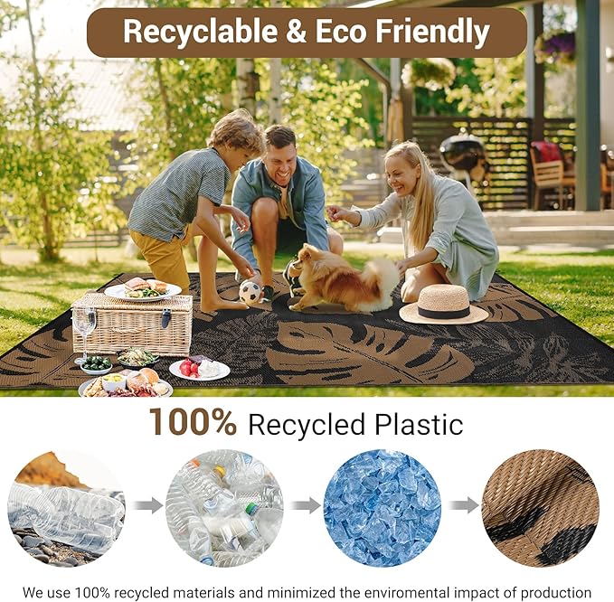 GAOMON Outdoor Rug Waterproof 9x12 Outdoor Plastic Straw Rug for Patio, Reversible Modern Camping Mat with Bag & Stakes, UV Resistant & Easy to Clean Carpet for RV, Deck, Balcony, Porch, Brown-Ruum Studio Home
