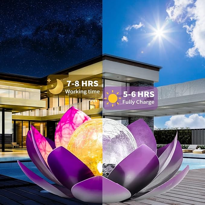 Solar Light Outdoor(2Pack), Art Crackle Globe Glass Lotus Decoration, Solar LED Waterproof Purple Metal Flower Lights for Patio,Lawn,Walkway,Tabletop-Ruum Studio Home