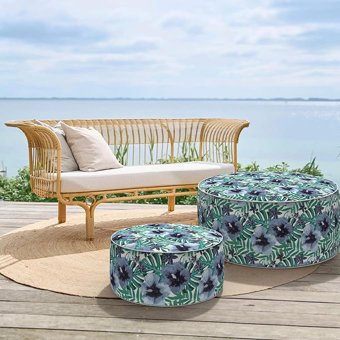 Inflatable Ottoman Stool D31 xH14 for Outdoor/Indoor Use, Water Repellent Patio Foot Rest with Portable Handle,Round Pouf Ottoman Suitable for Garden,Deck and Camping - Blue Salmone Tropical-Ruum Studio Home