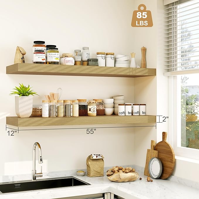 12" Deep Bathroom Floating Shelves for Wall Shelf Over Toilet Wall Mounted Farmhouse Long 55 inches Set of 1, Farmhouse Shelves with Invisible Brackets for Living Room, Kitchen, Bedroom,Oak-Ruum Studio Home