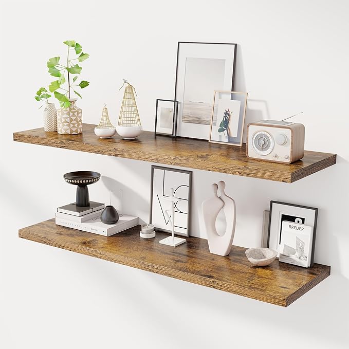 48" Floating Shelves for Wall, 12" Deep Slim Rustic Brown Floating Shelves, Wall-Mounted Shelves for Bedroom, Living Room, Kitchen, Bathroom - Set of 2-Ruum Studio Home