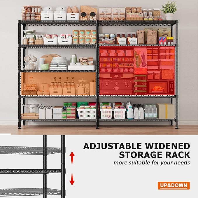 REIBII 1600LBS Storage Shelves Metal Shelving 5 Tier Wire Shelving Unit, 69.8" W Pantry Shelves Kitchen Shelves Adjustable Wire Shelf for Garage Storage Shelves, 69.8" Wx15.8 Dx72.4 H, Black-Ruum Studio Home