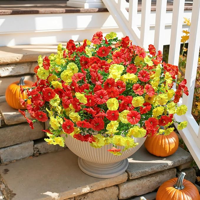 Artificial Mums for Outdoors Fake Fall Flowers Plants for Autumn Decoration, 12 Bundles Silk Morning Glory with Eucalyptus Look Real UV Resistant Faux Mums for Outside Planters Yard Patio Porch, Mix-Ruum Studio Home