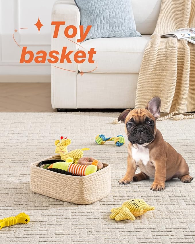 KALLAX Small Woven Basket, 12 x 8 x 4.5 Inches, Storage Basket for Organizing, Cute Small Rope Shelf Closet Cube Storage Bins Baskets for Shelves, Dog Toy Gift Baskets Empty, 3 Packs, Beige-Ruum Studio Home