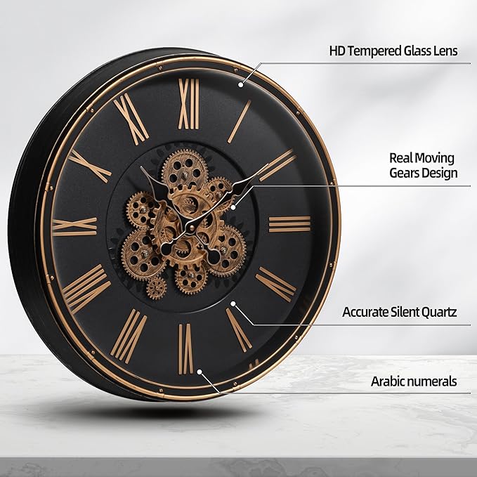 Maxstar Large Moving Gear Wall Clock,20" Vintage Mechanical Battery Operated Industrial Wall Clocks for Farmhouse Living Room,Home Office, Dinning Room, Kitchen, Steampunk Decor-Gold,Roman Numeral-Ruum Studio Home