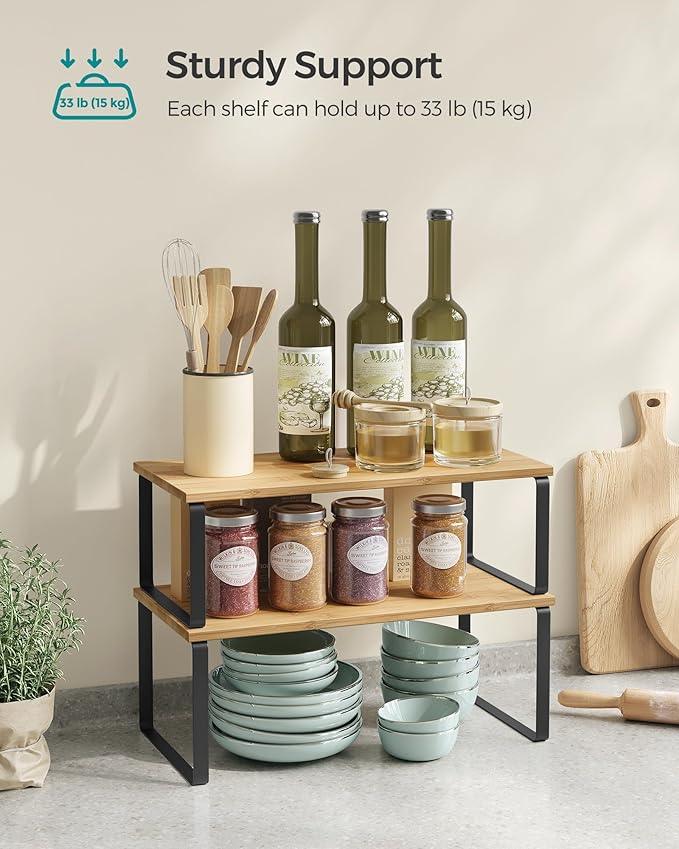 SONGMICS Cabinet Organizer Shelf, Set of 2 Kitchen Counter Shelves, Kitchen Storage, Spice Rack, Stackable, Expandable, Metal and Engineered Wood, Ink Black and Natural Beige UKCS200B01-Ruum Studio Home