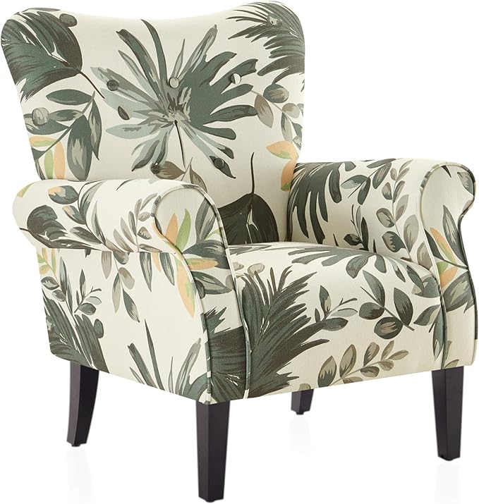 BELLEZE Modern Accent Chair for Living Room, High Back Floral Armchair with Wooden Legs, Upholstered Wingback Side Chair Padded Armrest Single Sofa for Living Room, Bedroom - Allston (Green Floral)-Ruum Studio Home