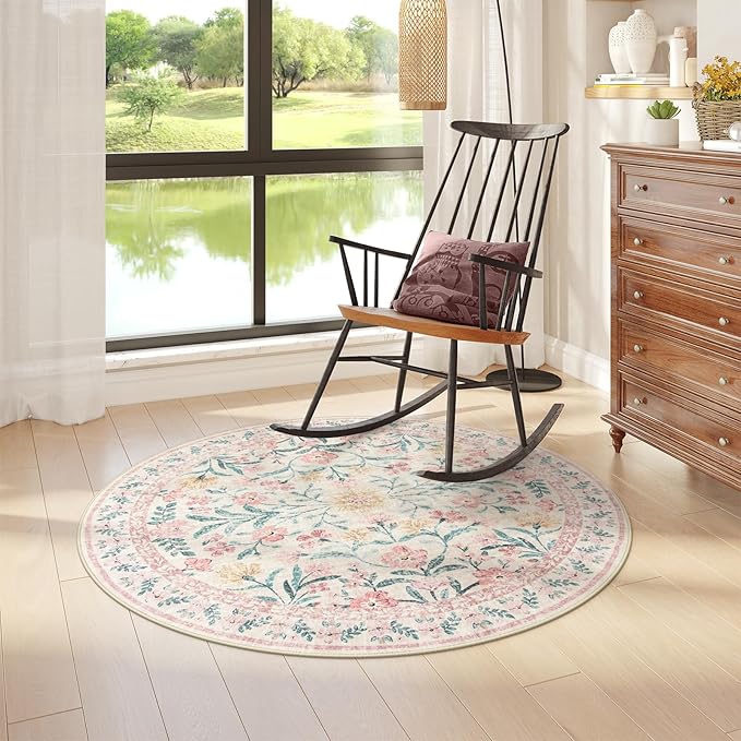 Wonnitar Pink Floral Round Rugs 5ft, Soft Circle Rug Non Slip Washable Round Carpet, Boho Non-Shedding Flower Distressed Circle Carpets for Bedroom Girls Room Nursery-Ruum Studio Home