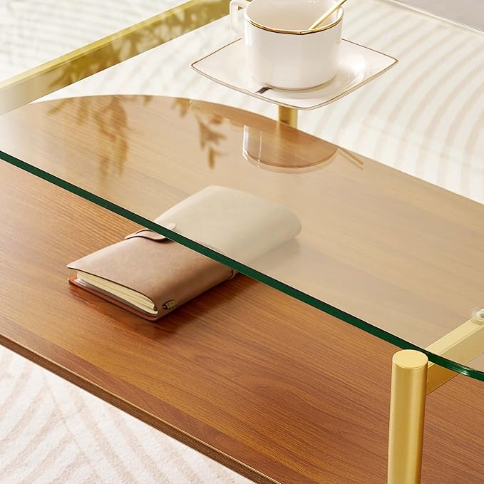 Oval Glass Coffee Table, Mid-Century Modern Design, L41 x W21 x H17 inch, for Living Room, 2-Tier Structure, Clear Glass Top and Walnut Finish Wood Shelf, Conical Legs with Gold Finish Frame-Ruum Studio Home
