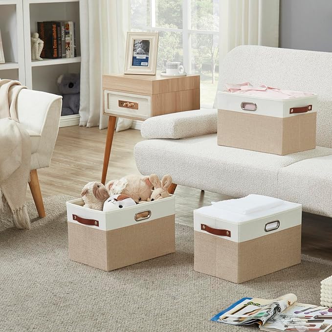 Large Collapsible Fabric Storage Bins with 3 Handles, Foldable Organizer Baskets for Closet, Shelves, Living Room | 3 Pack, Durable PU & Metal Handles (14.9"x9.8"x9.8", Beige & White)-Ruum Studio Home
