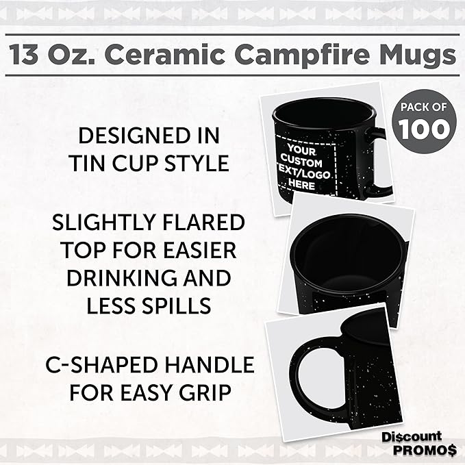 DISCOUNT PROMOS Custom Ceramic Campfire Coffee Mugs 13 oz. Set of 100, Personalized Bulk Pack - Perfect for Tea, Espresso, Cappuccino, Hot Cocoa - Black-Ruum Studio Home