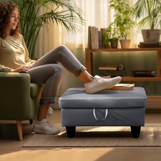 Ottoman Rectangular Storage Ottoman Bench, Faux Leather Footrest, Coffee Table, Stool Footstool with Hinged Lid for Living Room, Bedroom, Entryway, Gray, 28.5"x19"x17.5"-Ruum Studio Home
